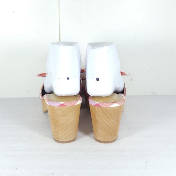 J. Crew Women's US7,5 Multicolor Plaid Printed Bow Wooden Heels Mules Sandals Nw - Picture 10 of 14